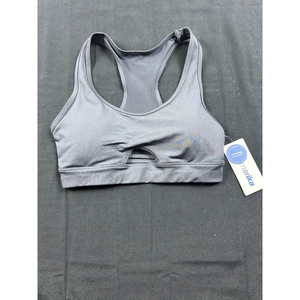 Marika Womens Mid Impact Sports Bra Gray Racerback Strappy Back Cutout Size S